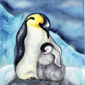 Императорские пингвины | акварельная открытка День полярника