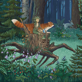 Лесовичок, кот и мышка Аришка скачут на пеньке.