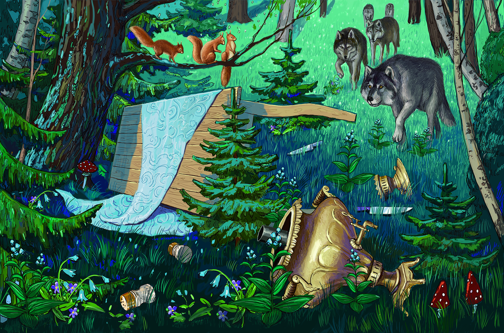 Стол, самовар, ножи, солонка и перечница упали в овраг.