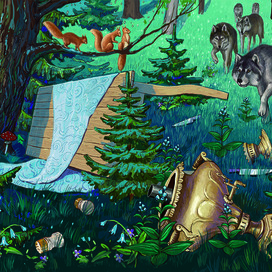 Стол, самовар, ножи, солонка и перечница упали в овраг.