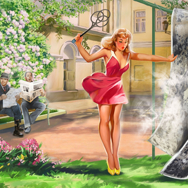 в стиле пин-ап для календаря, реклама ковров