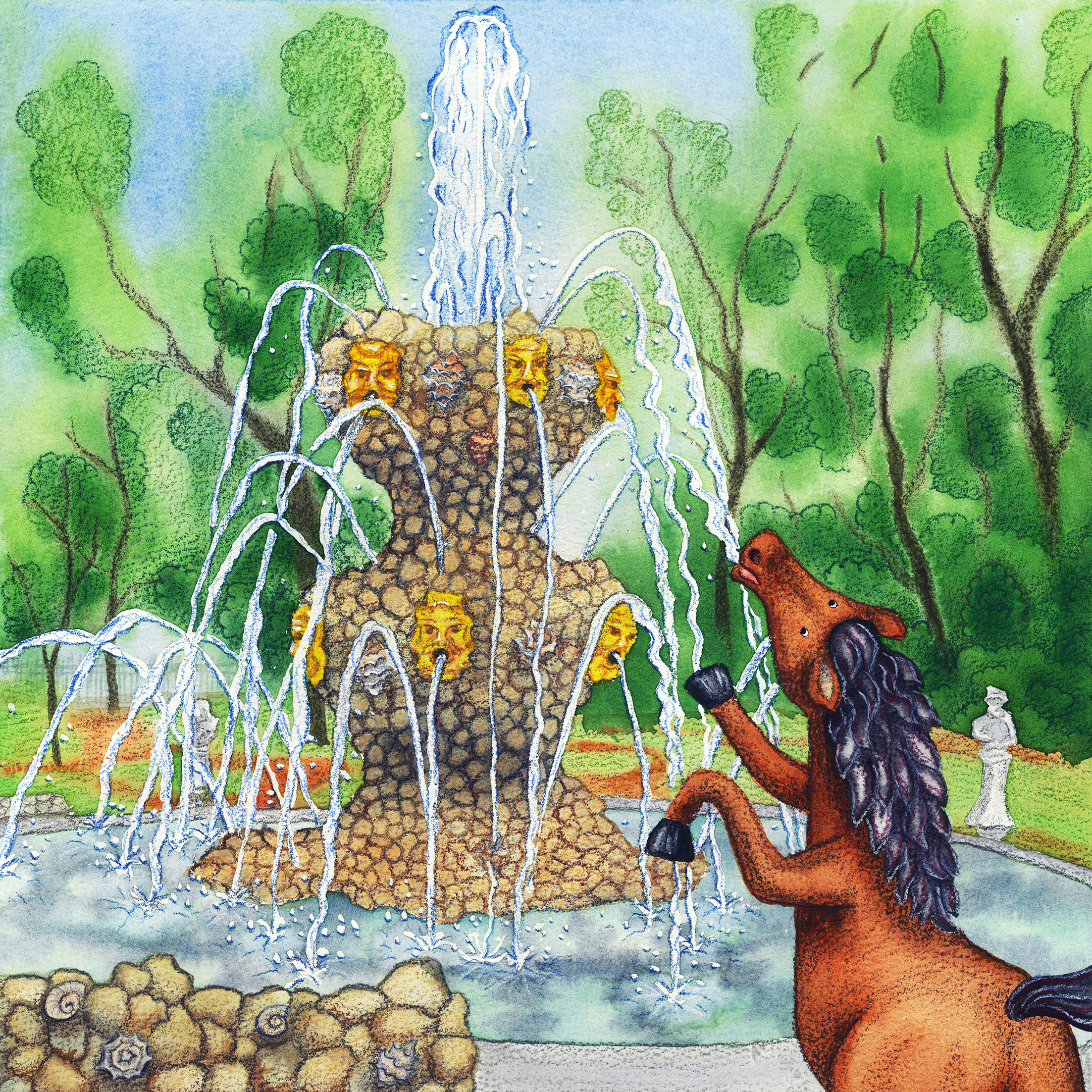 Акварельная иллюстрация | лошадка в Летнем Саду Петербурга