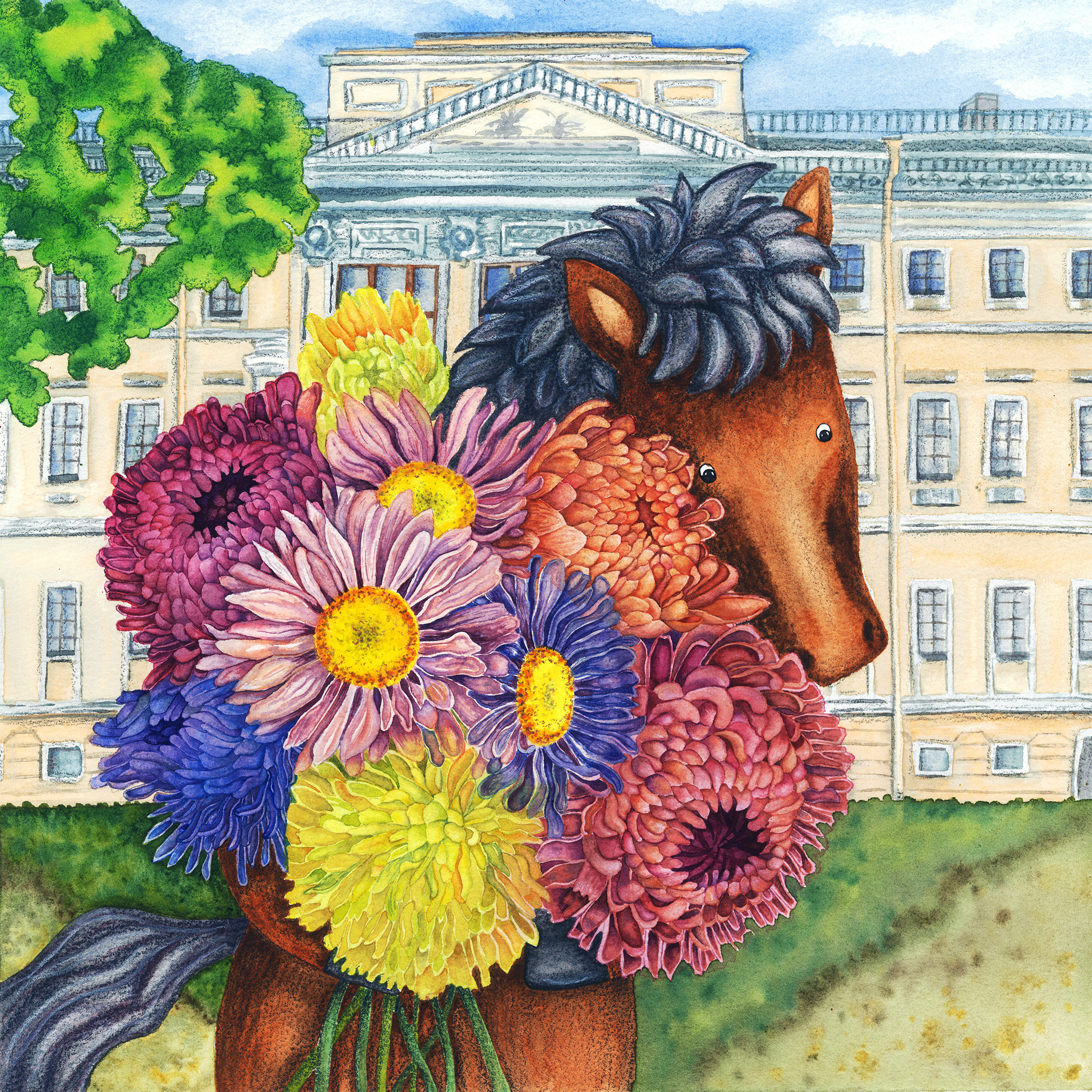 Акварельная иллюстрация | лошдка с цветами астрами