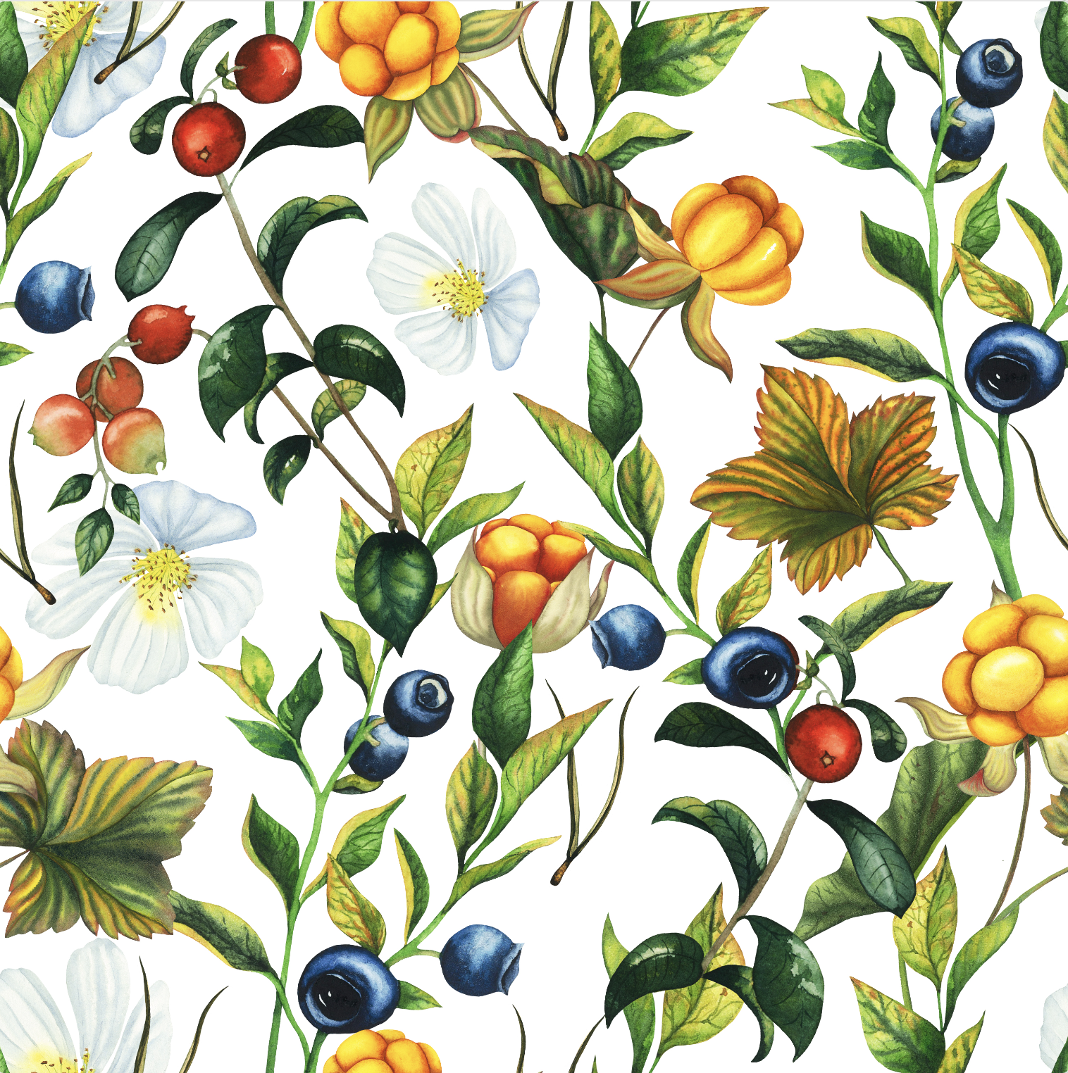 Бесшовный паттерн с лесными карельскими ягодами, акварель