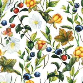 Бесшовный паттерн с лесными карельскими ягодами, акварель