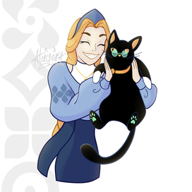 Персонажи девушка и кот обнимаются