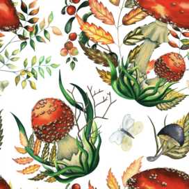 Бесшовный паттерн | акварель, лесные ягоды и грибы, мухоморы