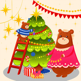 Новогодняя поздравительная открытка. Мишки