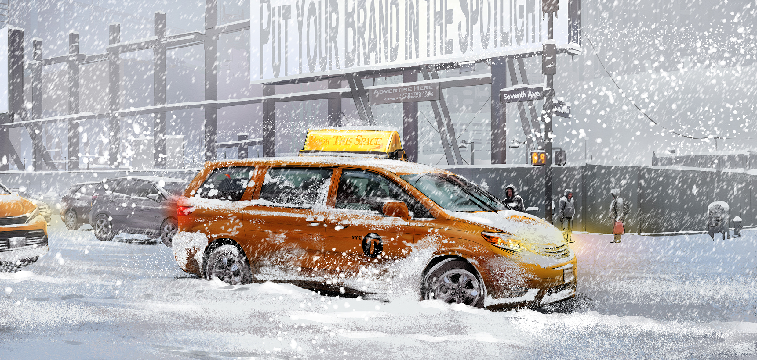 Вечером в Нью-Йорке идет снегопад.