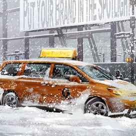 Вечером в Нью-Йорке идет снегопад.