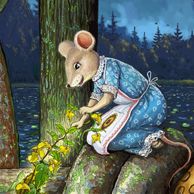 Мышка Аришка обматывает Разрыв-травой ось колеса мельницы.