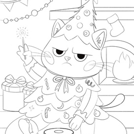 Скетч недовольный котик для новогодней раскраски 