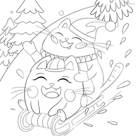 Скетч для новогодней раскраски (довольные котики на санках)