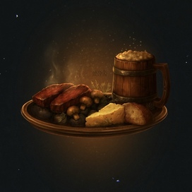 Иллюстрация тарелки с едой и элем для средневековой таверны