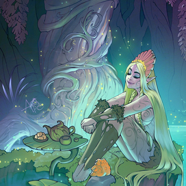 Кикимора и жабка пьют чай у себя на болотах