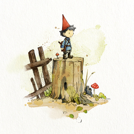 Лесной гномик на пеньке. Акварель