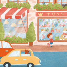 У витрины магазина игрушек — детская книжная иллюстрация