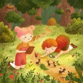 Юные исследователи муравьев — иллюстрация для детской книги