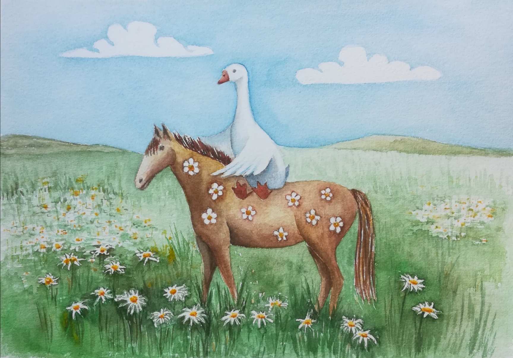 Гусь приручает лошадку.