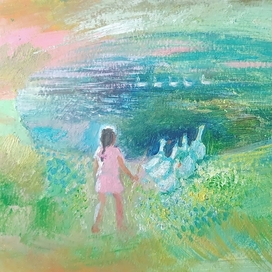 гуси и девочка,на каникулах у бабушки 