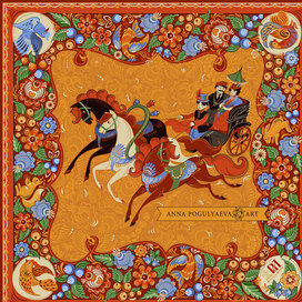 Иллюстрация для шелкового платка. Русская тройка