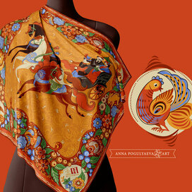 Иллюстрация для шелкового платка. Русская тройка