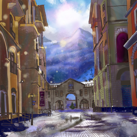 Зимний вид на город и горы