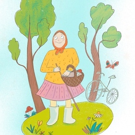 Бабуля собирает грибы