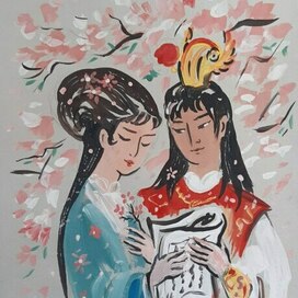 "Сон в красном тереме". Линь Дай-юй и Цзя Бао-юй в персиковом саду.