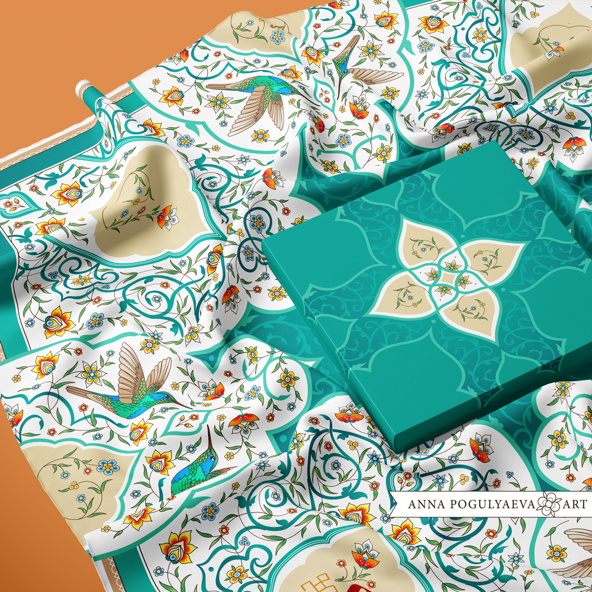 Дизайн принта для шелкового платка «Арабески. Колибри»