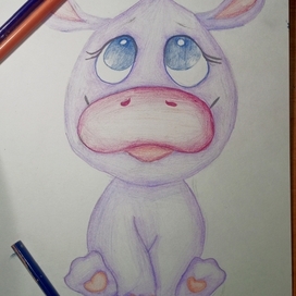Милый бегемотик цветными карандашами 