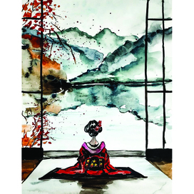 Японская акварель "Созерцание гор"