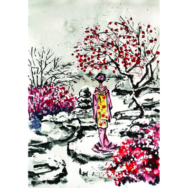 Японская акварель "Шепот зимы и красные ягоды"