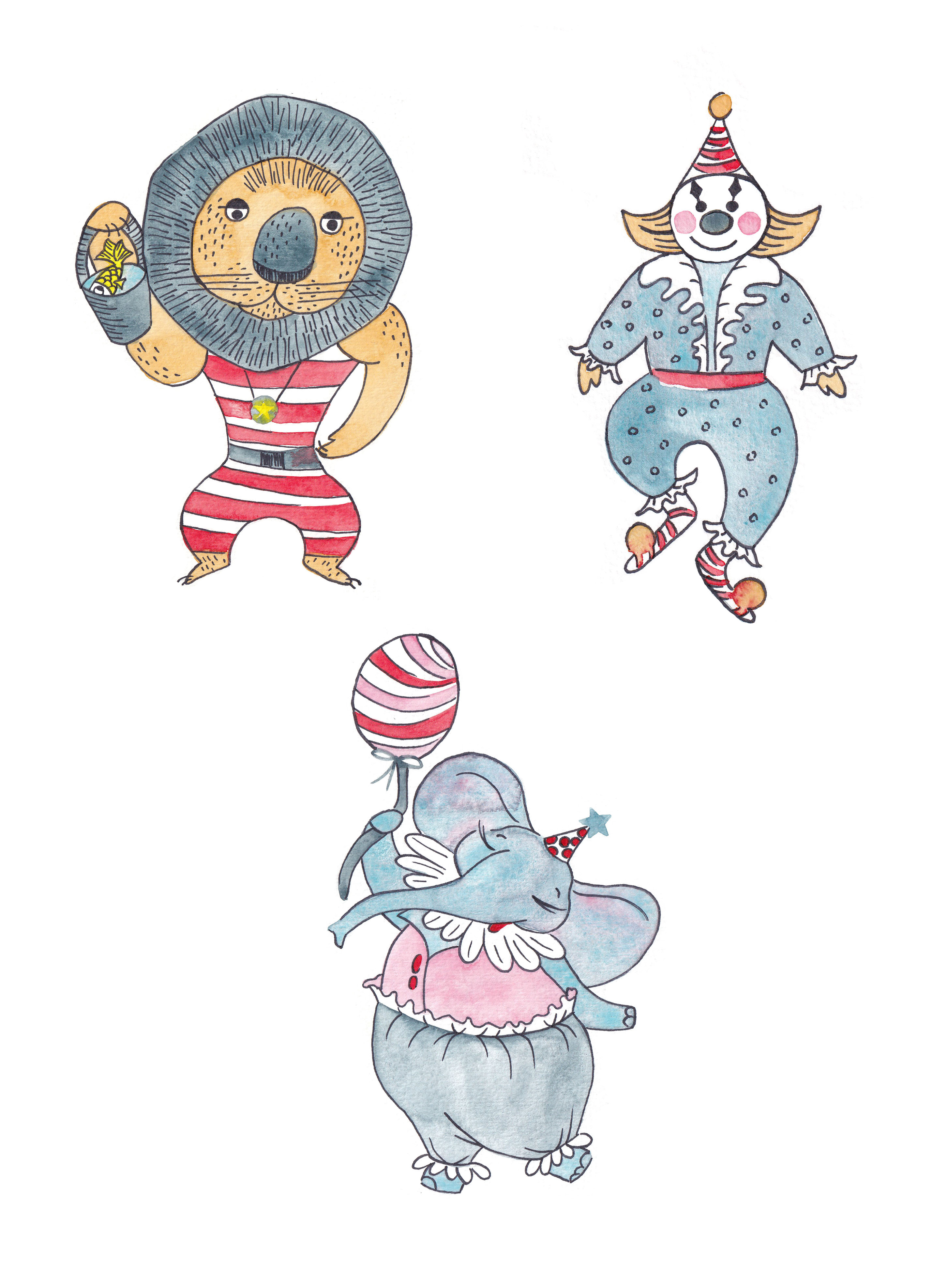 Акварельные персонажи на тему цирка в детскую книгу
