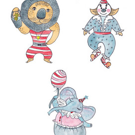 Акварельные персонажи на тему цирка в детскую книгу