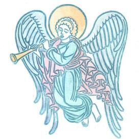 Лубочный Ангел (линогравюра, акварель)