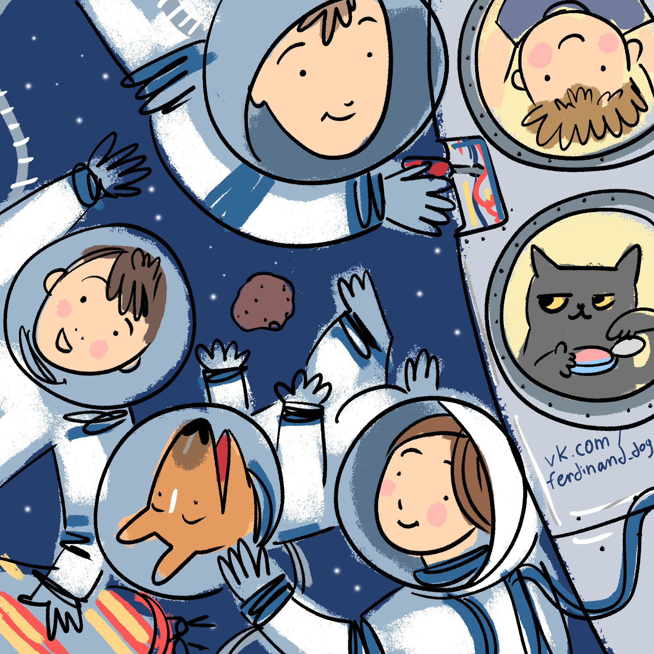 День космонавтики. Семья космонавтов собака и кот