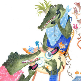 "Телефон" -А потом позвонил Крокодил И со слезами просил: — Мой милый, хороший, Пришли мне калоши, И мне, и жене, и Тотоше.