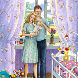 Утро, родители с ребенком.