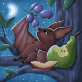 Летучая мышь кушает фрукты