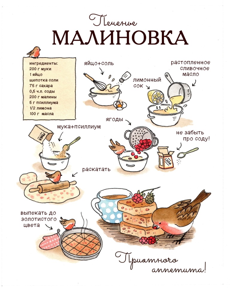 Рецепт малинового печенья. Фуд иллюстрация.