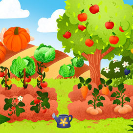 Иллюстрация для игры на липучках "Огород. Фрукты и овощи"