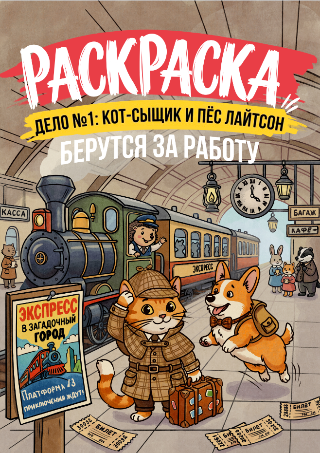 Обложка для раскраски про кота-сыщика
