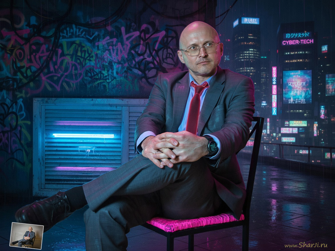 Mr Bitcoin «бизнес портрет» в стиле киберпанк