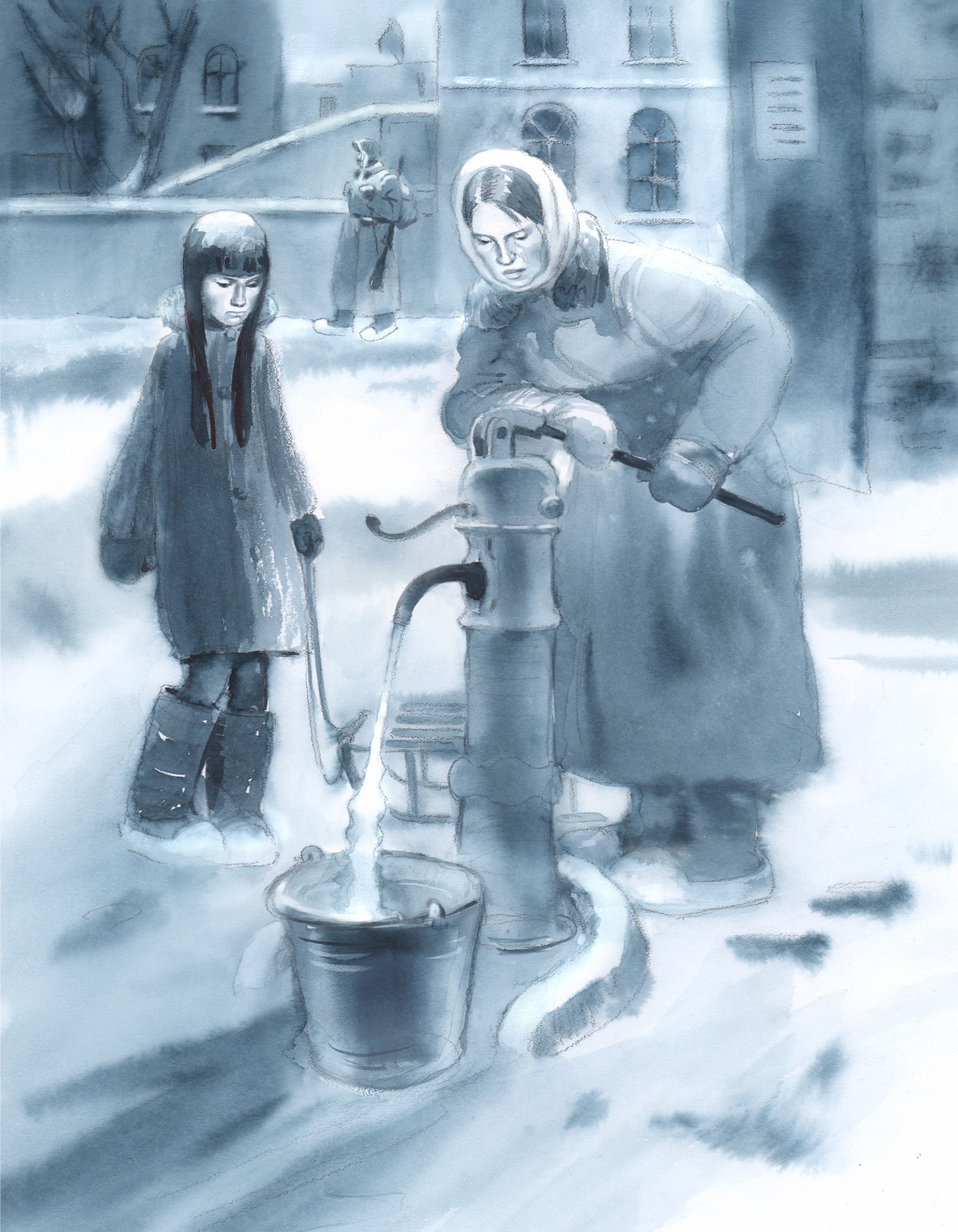 У колонки.