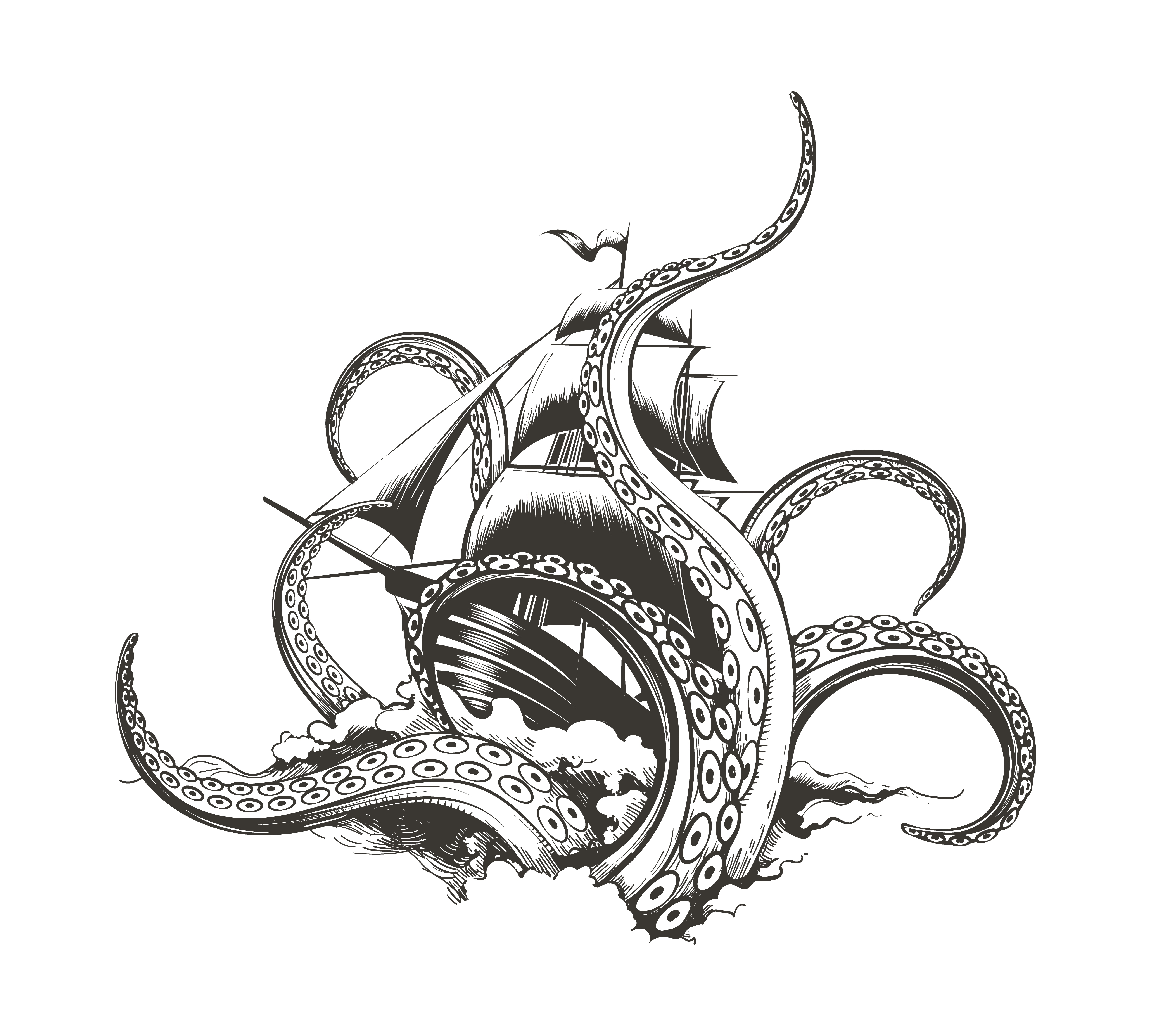 Giant octopus catches sail ship. Kraken attack hand drawn engraving illustration