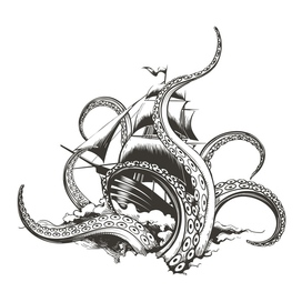 Giant octopus catches sail ship. Kraken attack hand drawn engraving illustration