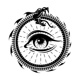 Engraving ouroboros esoteric symbol. Snake bites his tail with all seeing eye inside emblem isolated vector illustration
