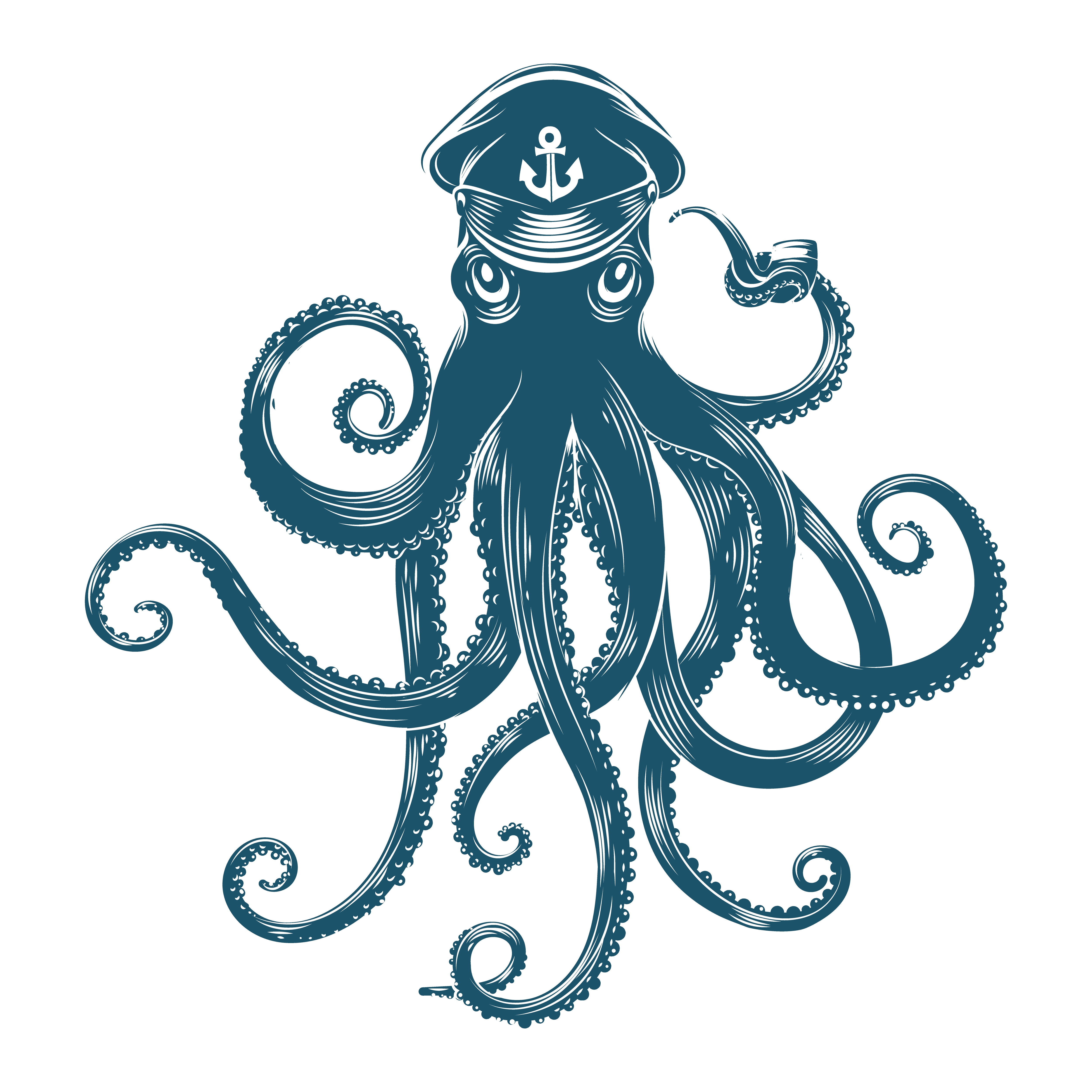 Octopus in a sailors cap with a smoking pipe in the tentacle. Hand drawn sketch vector illustration