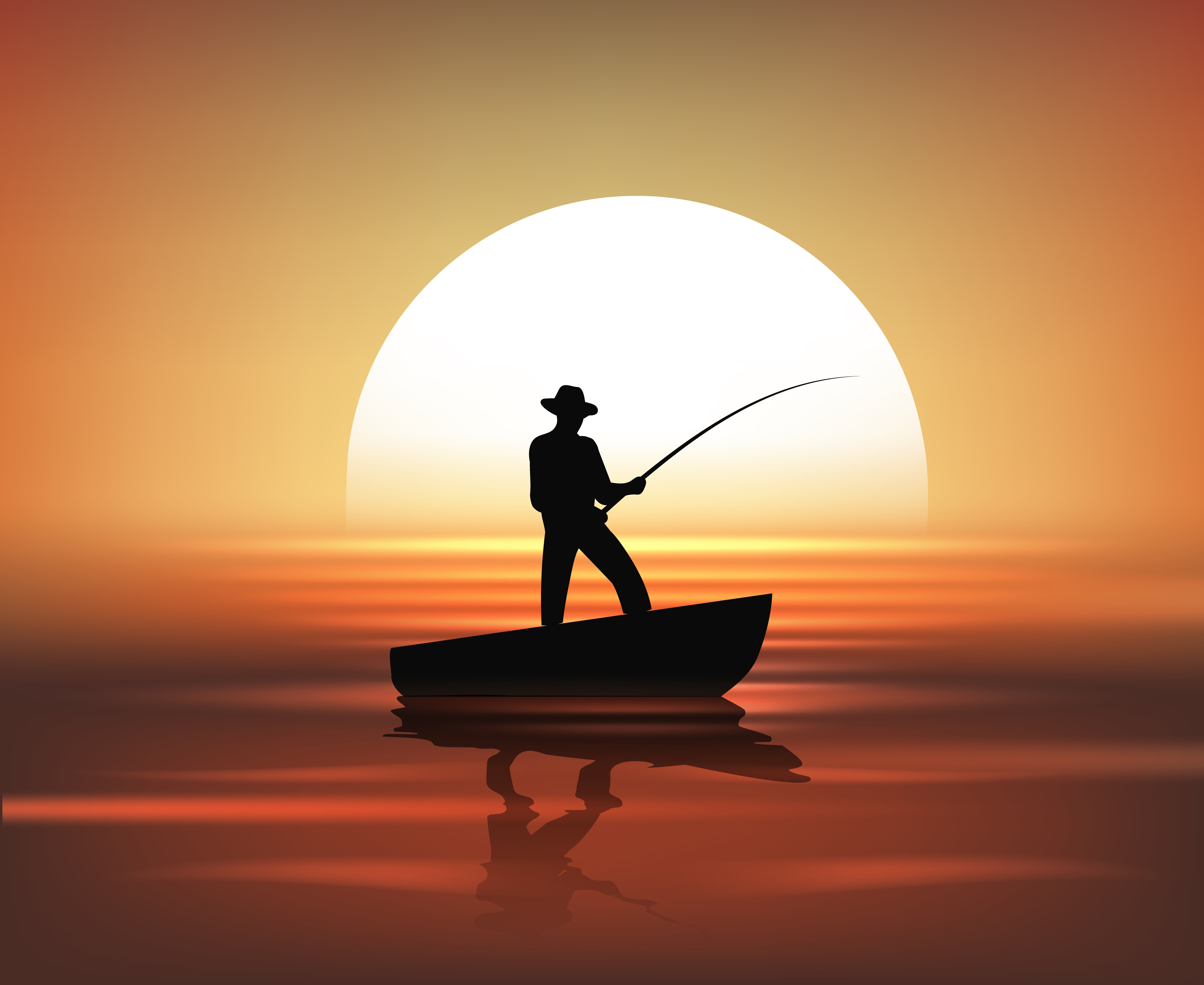 Fisherman in a boat on sundown sea background